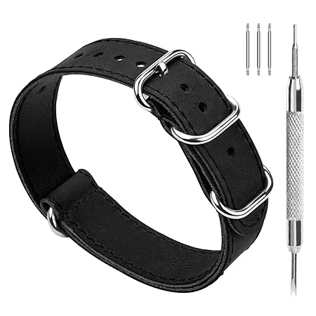 Fullmosa NATO 22mm Uhrenarmband Leder in 3 Farben, Kalbsleder Zulu Militär Armband mit 4 Ringen, Schwarz 22mm