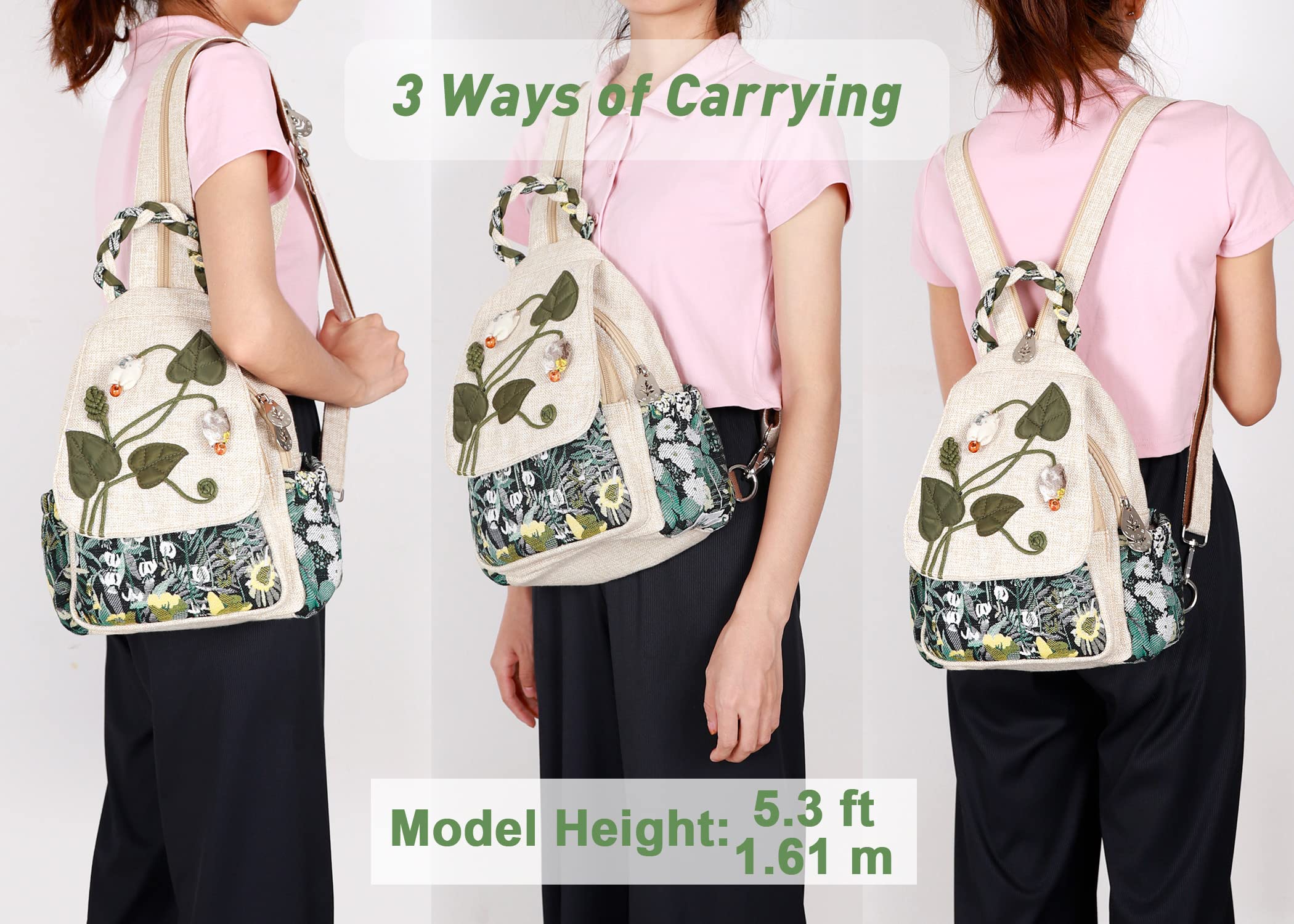 AULUDA Girl's Convertible Sling Bag, Hand Craft Artisan Purse, Beautiful Canvas Premium Casual Day Mini Backpack for Women (Green Marsh)