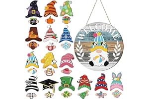 Holiday Gnomes, Interchangeable Welcome Sign Wooden Seasonal Holiday Gnomes Sign with Magnet Pieces and Detachable Hats for F