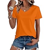 SMENG Women's Cotton V Neck T-Shirt Short Sleeve Solid Color Tee Casual Fit Tee Breathable Summer Fashion Tops
