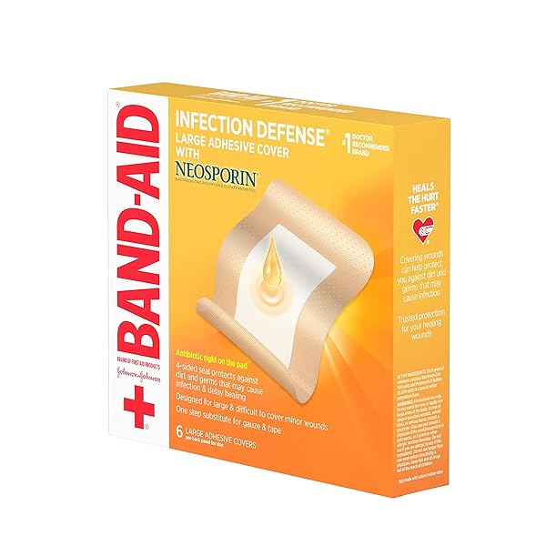 BAND-AID BRAND INFECTION DEFENSE ADHESIVE WOUND COVERS WITH NEOSPORIN ANTIBIOTIC OINTMENT ON THE PAD FOR FIRST AID WOUND CARE, BACITRACIN ZINC & POLYMYXIN B SULFATE, STERILE, LARGE, 6 CT