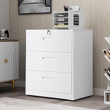 Amazon Com P Purlove 3 Drawer Lateral File Cabinet Lockable Heavy Duty Metal File Cabinets Lateral White Kitchen Dining