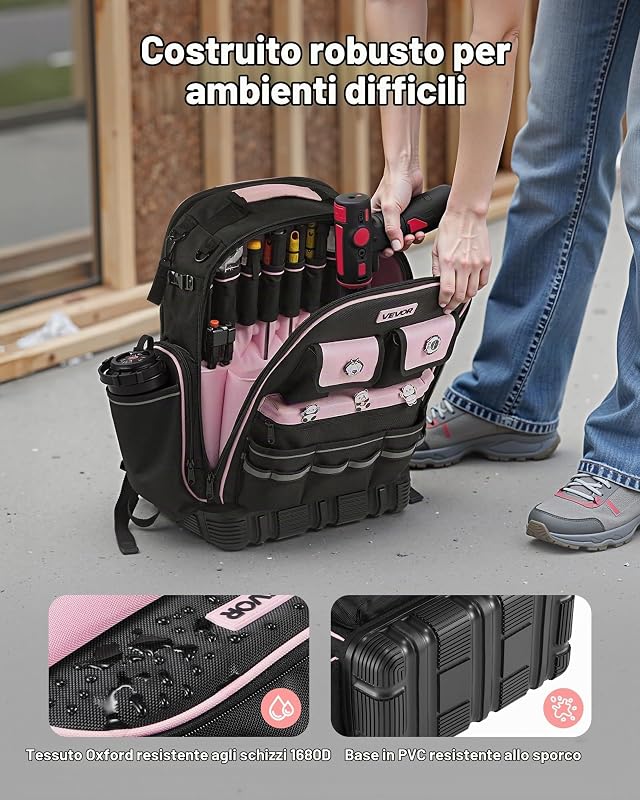 Zaino Portautensili, 56 Tasche, Organizzatore per Attrezzi Pesanti, Zaino da Lavoro con Scomparto per Laptop e Base Sagomata, Borsa da Cantiere per Elettricisti, Riparatori e Tecnici HVAC