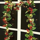 ATDAWN 7 FT Red Berry Christmas Lighted Garland, Battery Operated Christmas Garland with Lights, Flexible Artificial Garland for Indoor Home Fireplace Christmas Holiday New Year Decoration