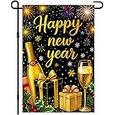 IVN New Year Garden Flag 12x18 Inch Double Sided Happy New Year Design with Golden Gifts and Festive Night Lights Outdoor Yard Flag for Outside Home Front Door Lawn Porch Patio Welcome Decor