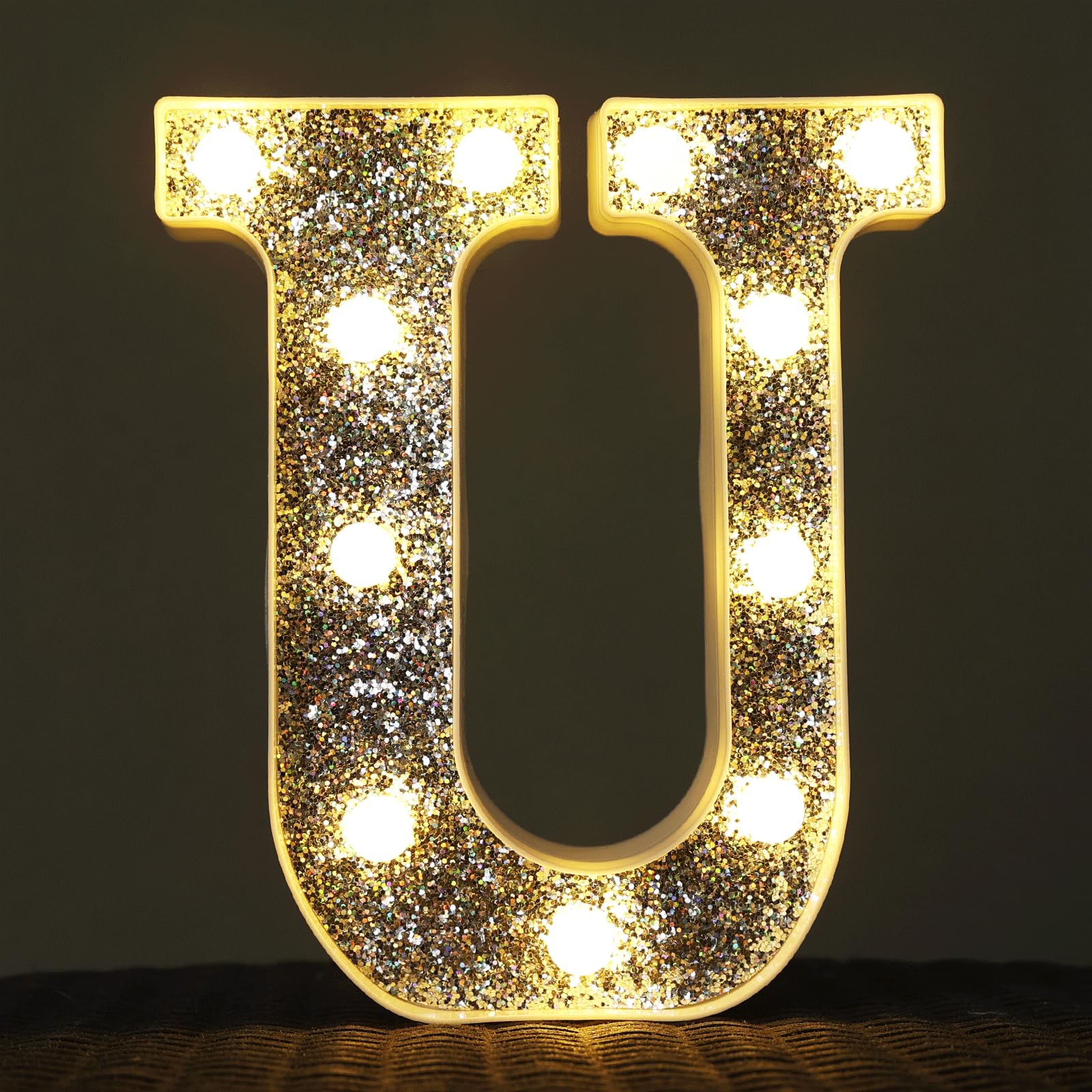 Photo 1 of KANLONG Light Up Letters, Marquee Light Letter for Table Decorations, Glitter Light Up Signs for Prom, Events, or Engagement Party Decor, Featuring Alphabet & Number Lighted Letters, Letter U