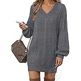 VAFOLY Women's Pullovers Jumper Sweaters Lantern Sleeve Casual V Neck Fall Knit Mini Sweater Dresses