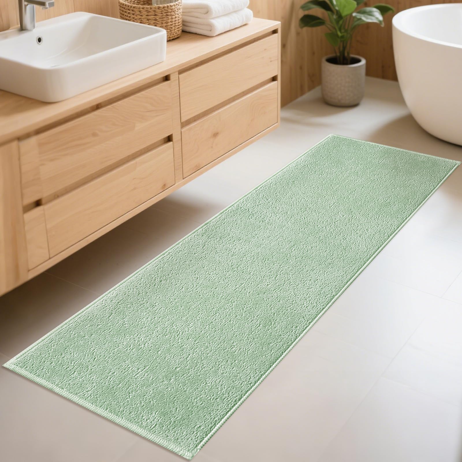 Photo 1 of Bilimili Bathroom Runner Rugs, Thin Absorbent Non-Slip Bath Mat, Quick Dry Low Pile Mats for Bathroom Floor Front of Bathtub,Shower Room,Sink,24"×60",Sage Green