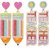 2/3Pairs Teacher Earrings for Women Beaded Pencil Dangle Earrings Statement Apple Book Drop Earrings Teacher Appreciation Gifts Back To School Jewelry Set