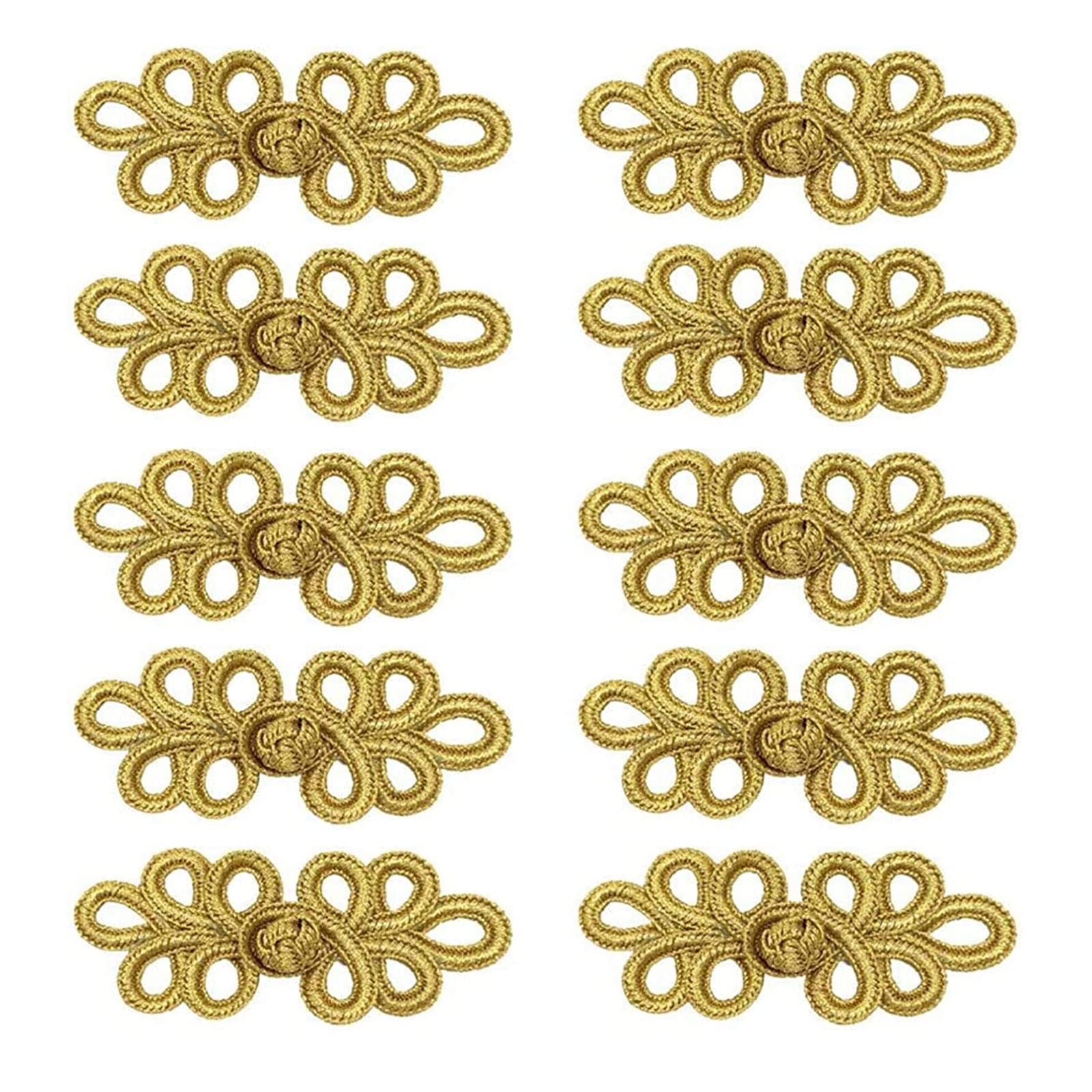 10 Pairs of Chinese Frog Knotted Buttons Fasteners Sewing Fasteners for Sewing Sweaters, Capes, Coats, Cardigans Costumes, Gold (5Y)