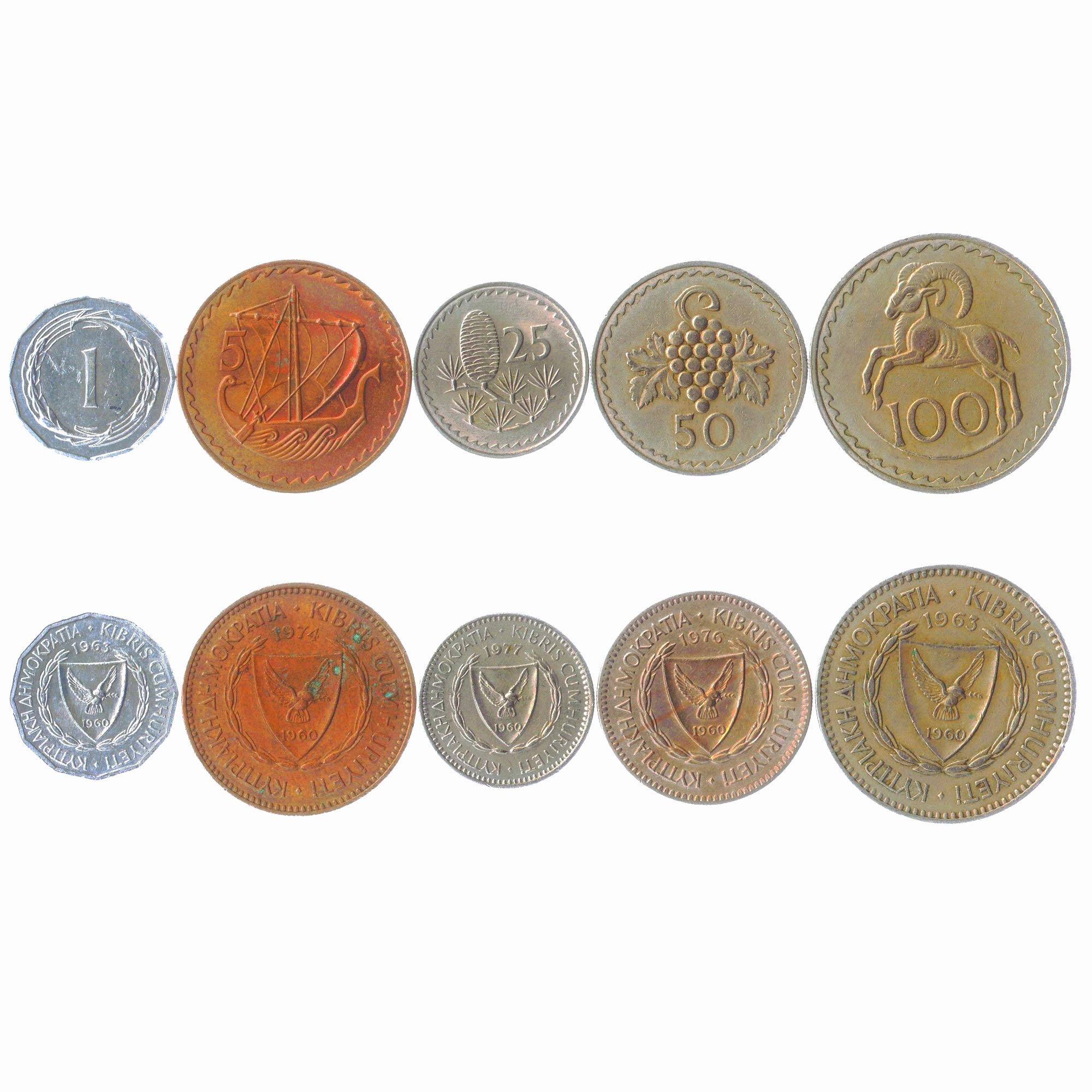 SET OF 5 COINS FROM CYPRUS, 1, 5, 25, 50, 100 MILS, 1963-1982