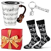 Tioncy 4 Pcs Music Lover Teacher Gifts, Music Coffee Mug Cup with Lid, Note Socks, Keychain, Red Gift Box for Graduation Birthday Christmas Students Men Women Band Teacher Musician(Violin)