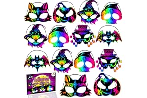 JMUQ Halloween Crafts Scratch Mask for Kids, Halloween Games Scratch Art Craft Kit Rainbow Paper for Party Favors Supplies