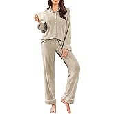 Ekouaer Womens Pajama Sets Long Sleeve Ribbed Knit Lounge Set Button Down Soft 2 Piece Pjs With Pockets