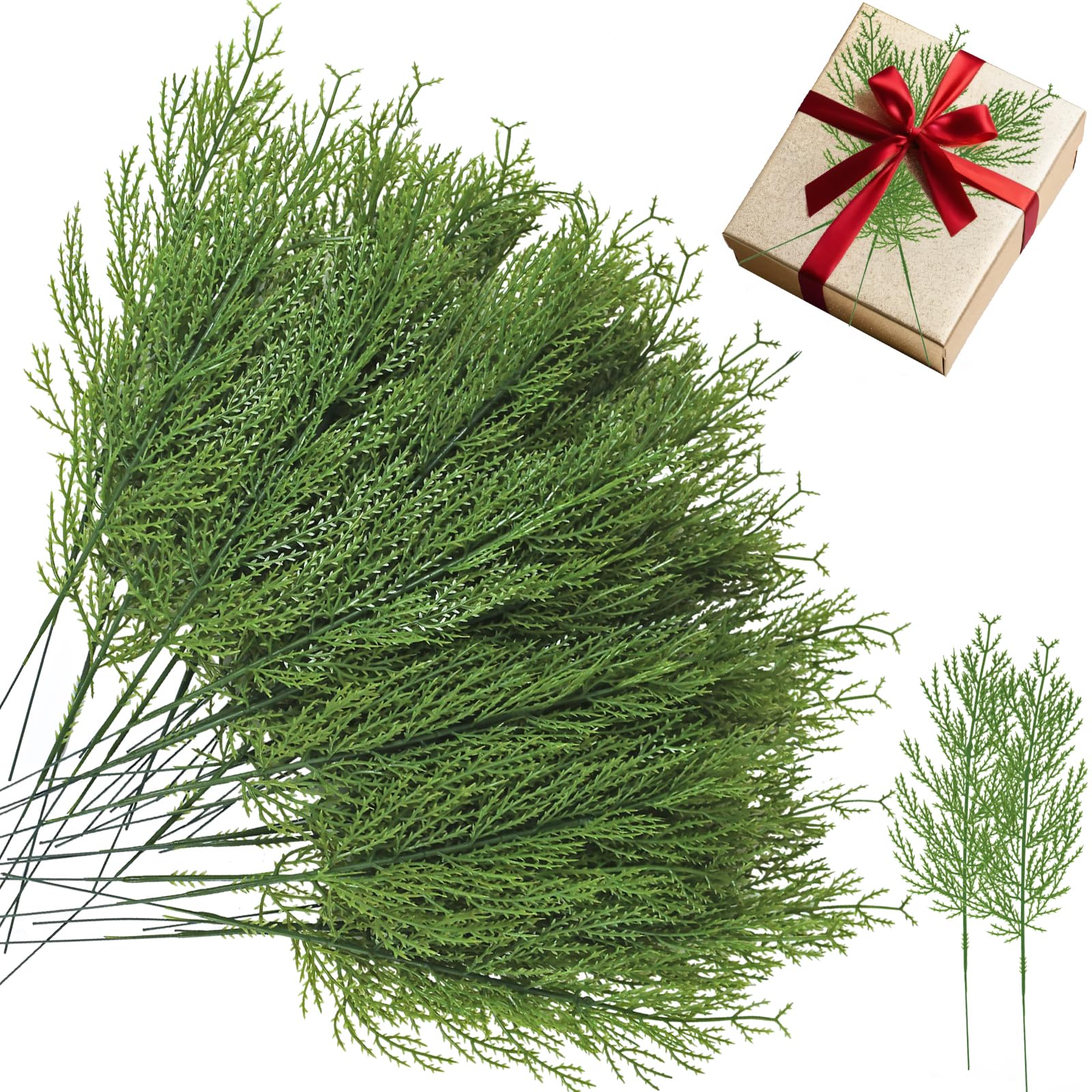 Kinisty 100 Pcs Artificial Plants Pine Needles Branches, Fake Pine Sprigs Green Faux Leaves Picks Christmas Small Plastic Greenery for DIY Garland Wreath Tree Home Garden Decoration