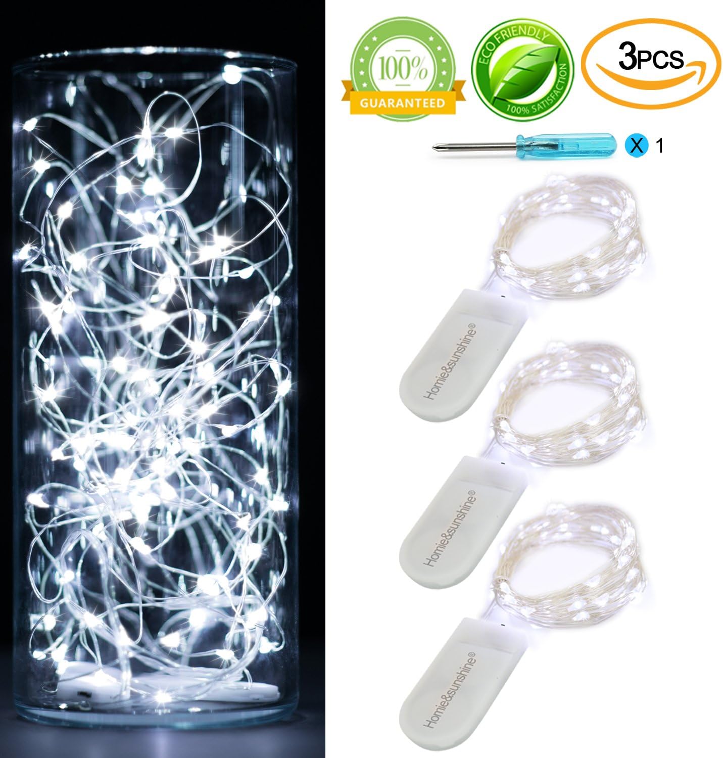 [3-Pack] 7Feet LED String Llights Battery Operated 20LEDs Cool White Fairy Lights On Silver Wire 2x2032Batteries Included,Starry String Lights For Party,Event,Wedding,Floral Applications (Cool white)