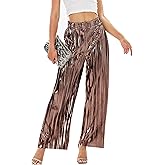 heipeiwa Women's Shiny Pleated Wide Leg Pants Party Nightout High Waist Trouser Folded Lightweight Outfit Clubwear