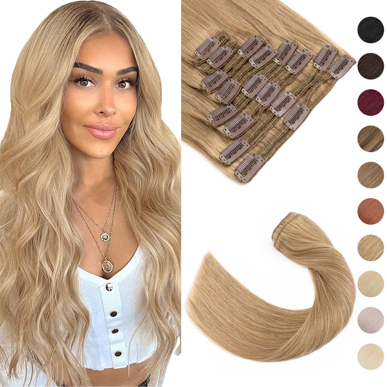 18inch Clip in Hair Extensions 100% Remy Human Hair #27 Dark Blonde 8 Pieces 140g Double Weft for Full Head