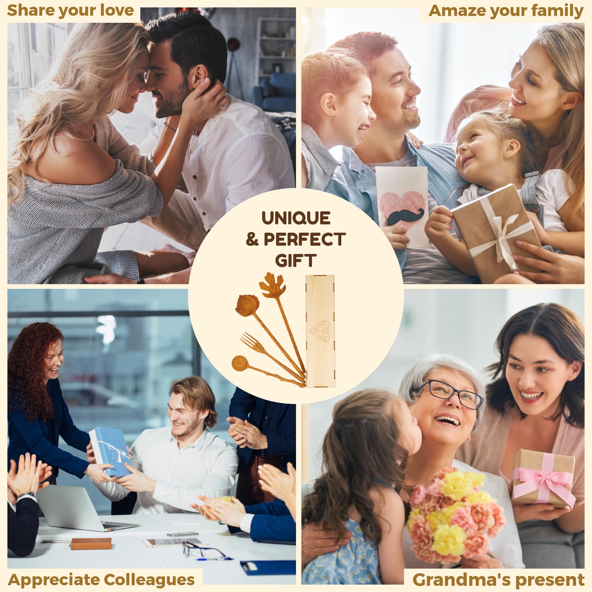 JABIHOME 4 Wooden Spoons and Forks Set, Christmas Hostess Gifts for Women, Couple Cooking Gifts for Women, Handmade Gifts, Nana Gifts