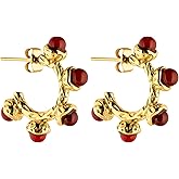 Gold Hoop Earrings With Red Natural Stones, 18k Gold Plated Stainless Steel Huggies, Jasper Drop Earrings, Hypoallergenic, Non-Tarnish, Vintage Boho Style Jewelry for Women