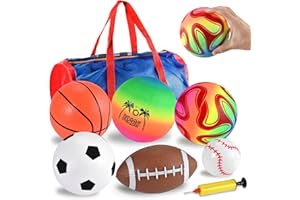 FABURO 6 Pcs Outside Toys Balls for Toddlers 1-3 with Bag, Toddler Outdoor Sports Toys, Bouncy Balls Playground Beach Ball for Kids, Football Basketball Rugby Baseball Volleyball Soccer 1 2 3 4 5 Gift