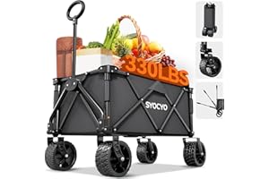 SYOCYO Collapsible Foldable Wagon Cart, Heavy Duty Folding Wagon with 330lbs Weight Capacity, Beach Wagon with All-Terrain Wheels Utility Garden Cart for Camping, Sports, Beach and Shopping, Grey