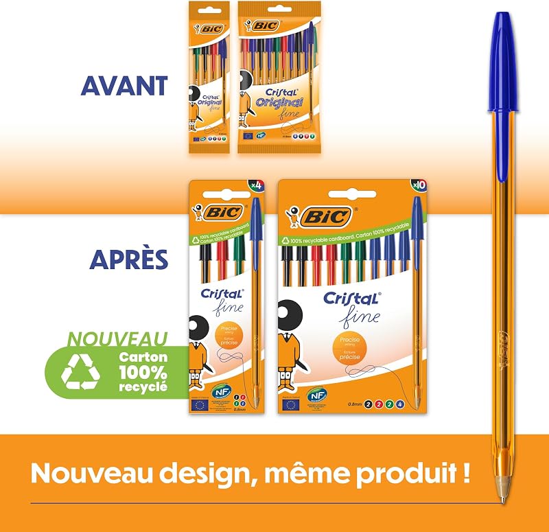 Cristal Original Stylos-Bille Pointe Fine (0,8 mm) - Couleurs Assorties, Corps Orange, Boîte de 27