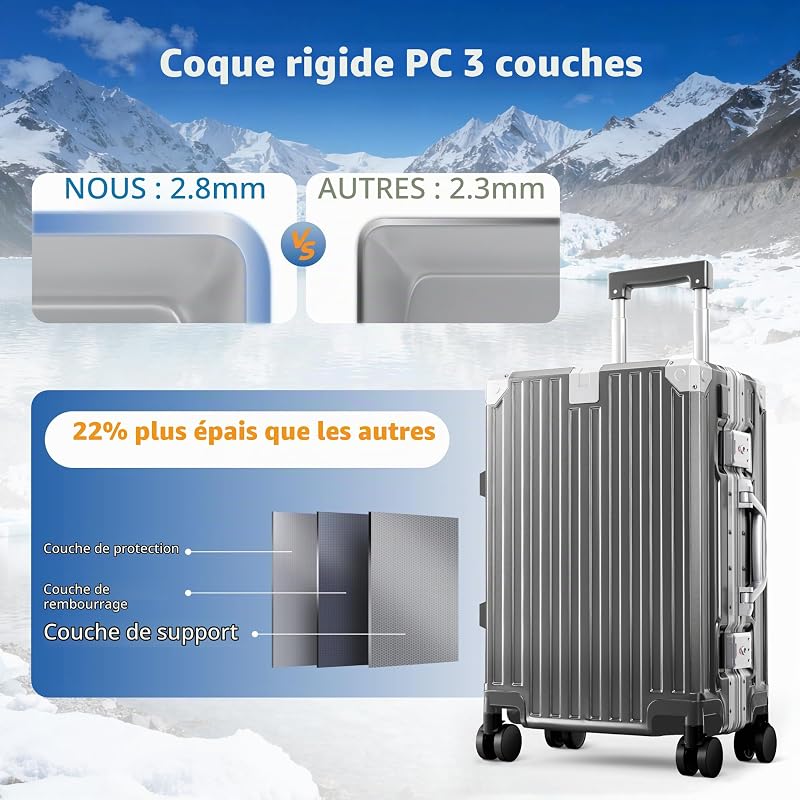 Valise Cabine Moyenne 55.5x37x22CM avec Serrure TSA Rigide Polycarbonate Valise da Voyage avec Cadre en Aluminium 37L Bagage de Voyage Luggage