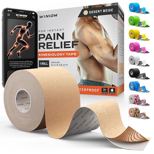 WINIOM Professional Kinesiology Tape - Waterproof Athletic Sports Tape for Knee, Shoulder, Arm & Back Support | 3-5 Day Adhesion, Hypoallergenic & Latex-Free + Taping Guide