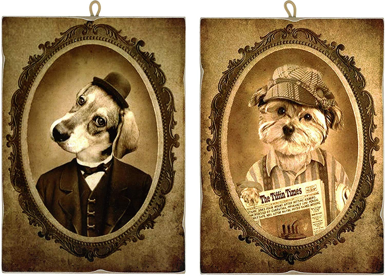 KUSTOM ART Set of 2 Vintage Style Paintings Series Animals Dogs Aristocratic Collectible Print on Wood