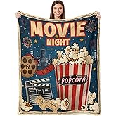 Movie Night Gifts Throw Blanket, Soft Cozy and Warm Couch Blankets for Home Film Cinema Theater Popcorn Decor, Vintage Poster Theme Gift for Adult Women Men Movie Lover. Blue 50×60 inches