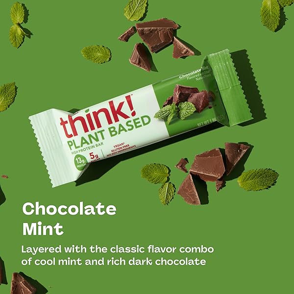 THINK! VEGAN/PLANT BASED HIGH PROTEIN BARS – CHOCOLATE MINT, 13G PROTEIN, 5G SUGAR, NO ARTIFICIAL SWEETENERS, NON GMO PROJECT VERIFIED, 10 COUNT (PACKAGING MAY VARY)