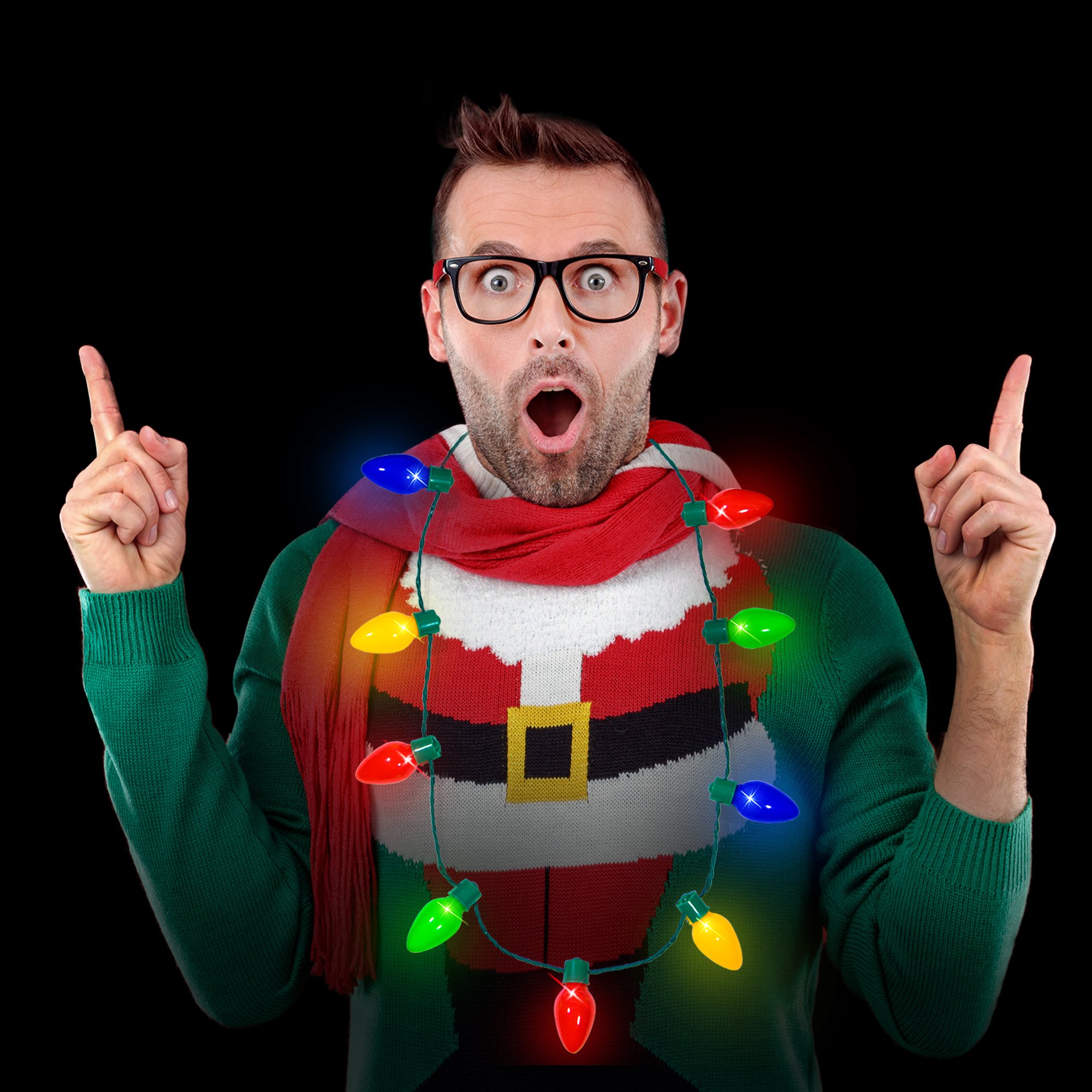 Windy City Novelties 4 Pack LED Light Up Christmas Bulb Necklace with 6 Dynamic Light Modes – Flashing Holiday Accessories for Parties, Parades & Festive Events - Bulk