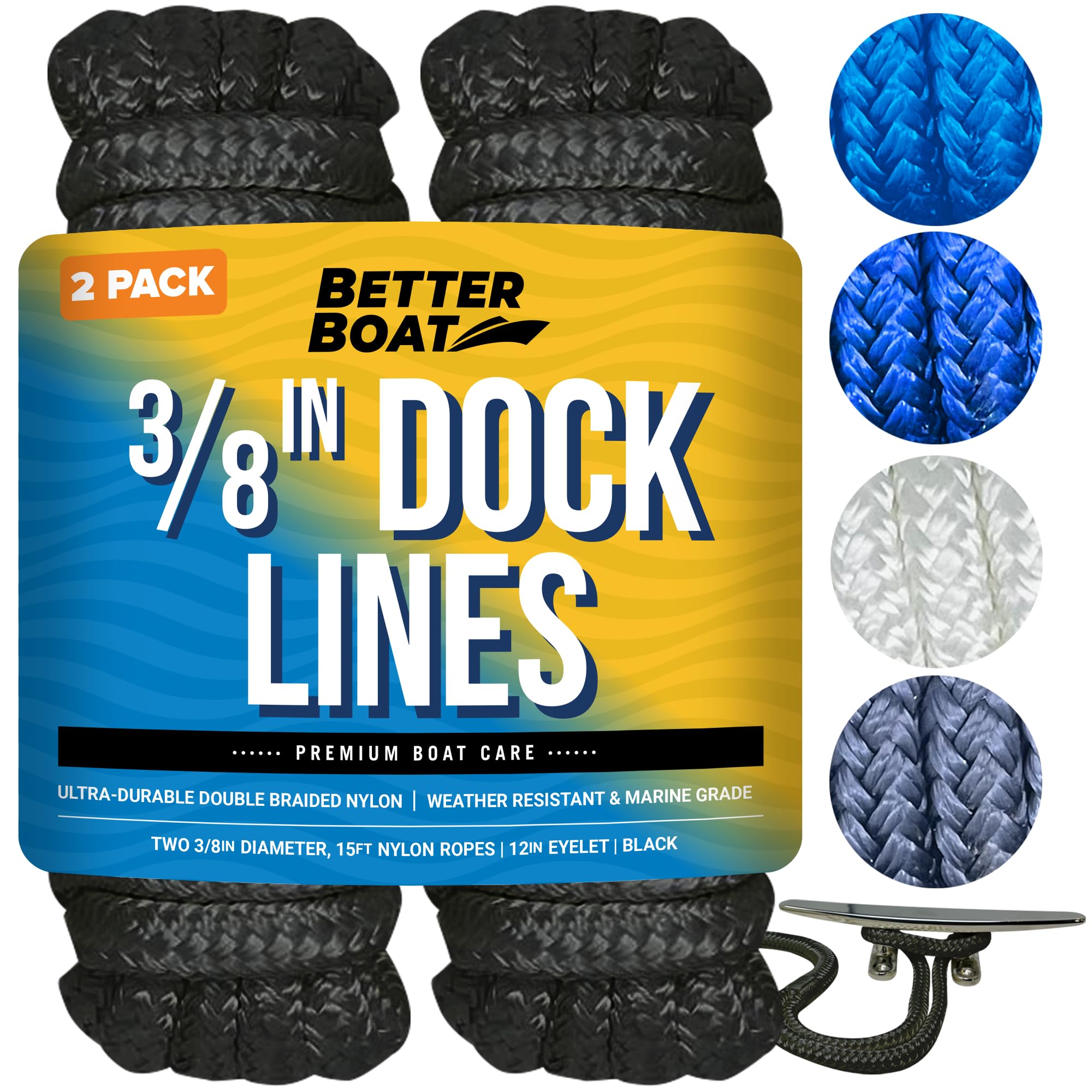 Dock Lines Boat Ropes for Docking, 3/8" Double Braided Mooring Marine Rope, 15ft Nylon Rope with Loop, Black, 2 Pack