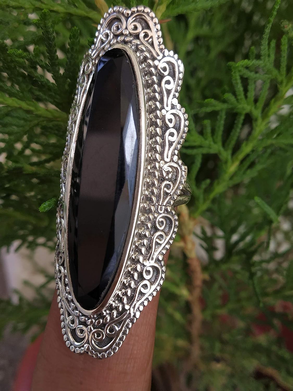 Amazon Com Black Onyx Ring 925 Sterling Silver Faceted Stone Long Ring Filigree Statement Ring Bohemian Jewelry Extraordinary Ring Fantastic Ring Full Finger Ring Antique Jewel Micro Design Gypsy Ring Handmade