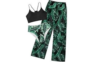 NECIOUS Girls Swimsuit, 3 Piece Bikini Bathing Suit Tropical Floral Swimwear with Cover Up Pants 7-16Y