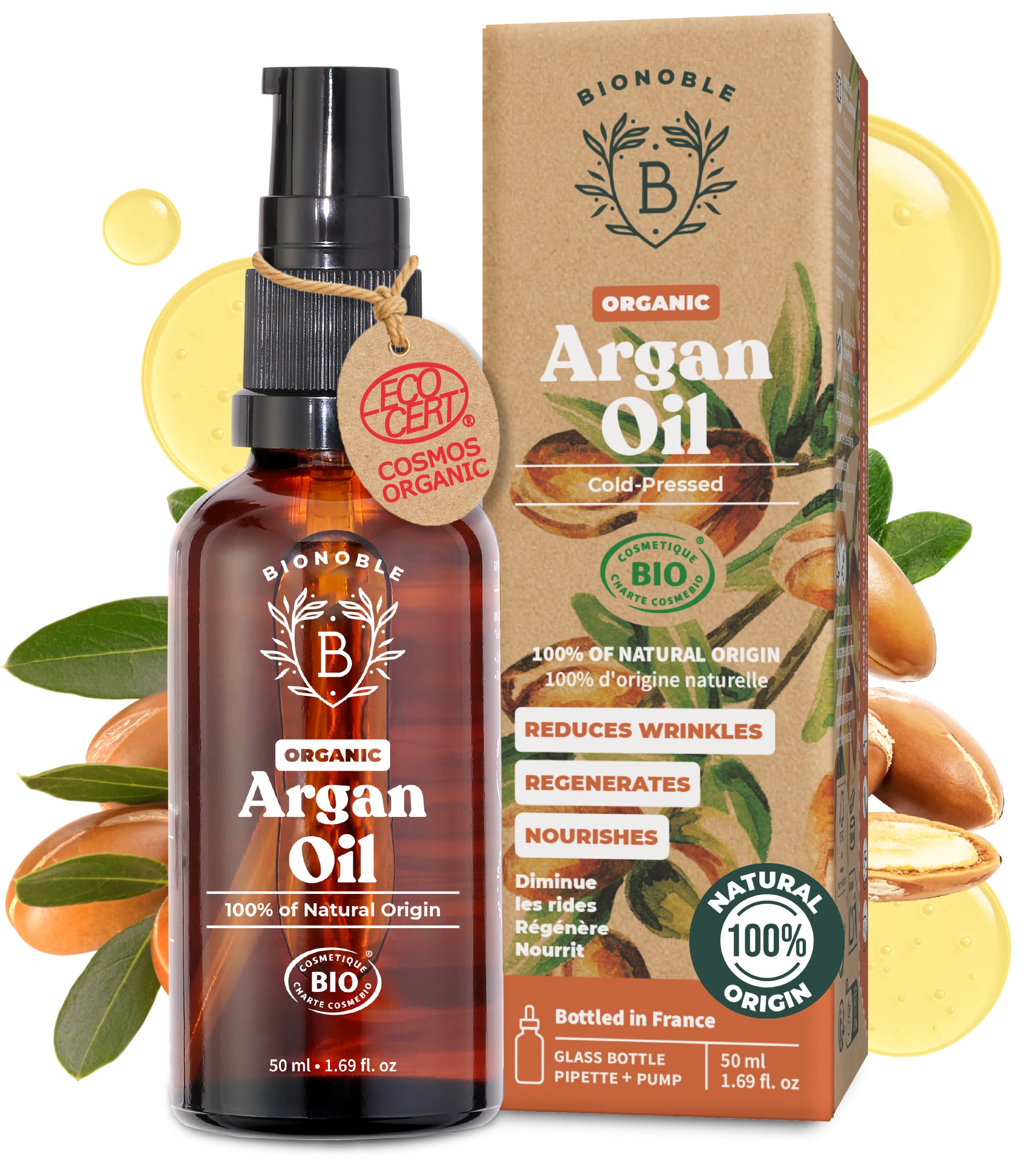 BIONOBLE Organic Argan Oil for Hair - Cold Pressed in Morocco - Nourishes, Repairs and Anti-Aging - 100% Pure Argan Oil for Skin, Face - Vegan, Hexane Free - Glass Bottle, Pipette and Pump - 50ml
