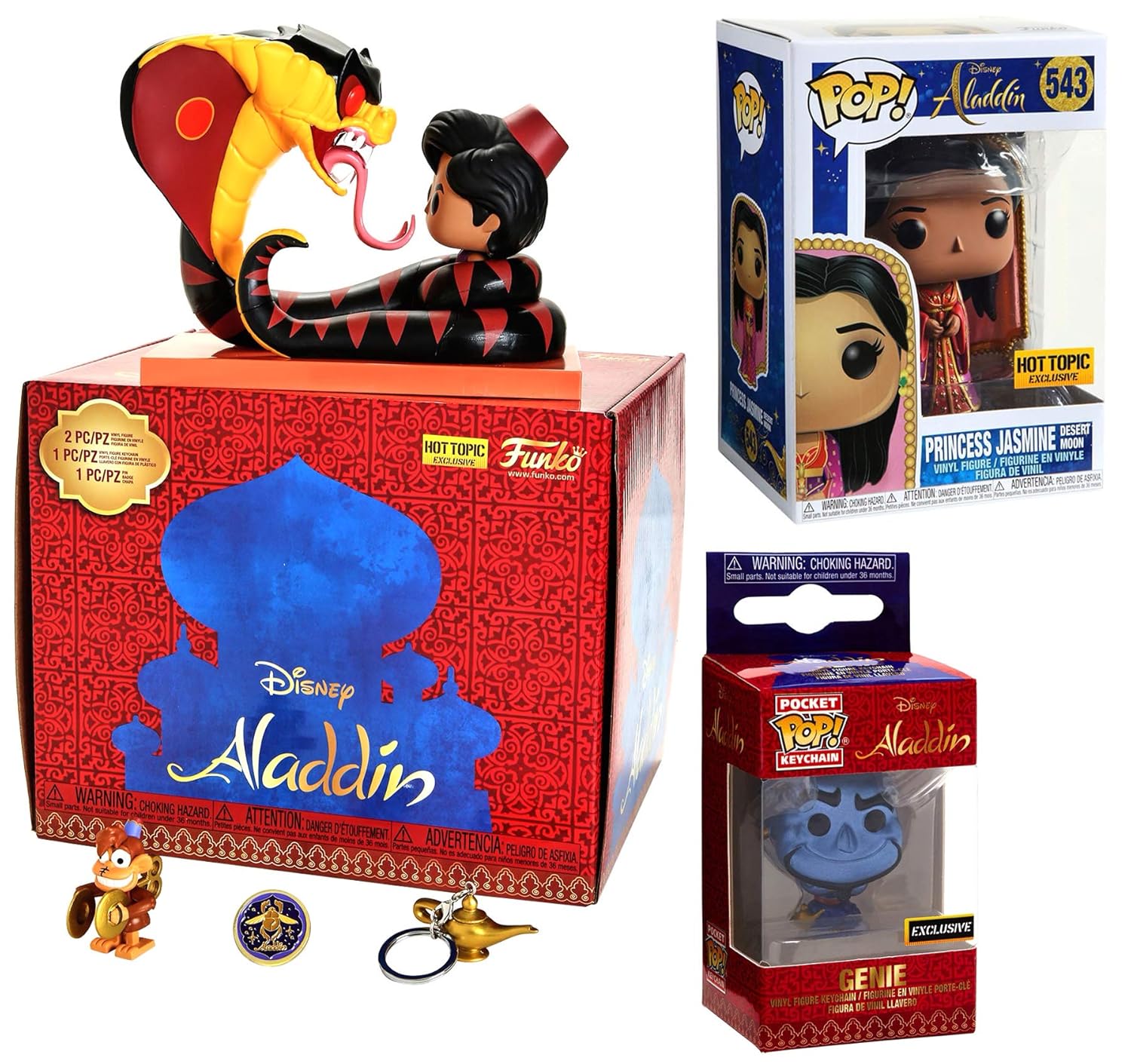 Arabian Enchantment Figure Box Set Exclusive Aladdin Movie Moment Jafar Snake Abu Pint Size / Princess Jasmine Desert Moon Outfit #543 + Genie of The Lamp Pocket Pop Keychain Backpack Hanger 3 Items