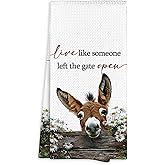 Fewgb Farmhouse Donkey Kitchen Towel Gifts for Donkey Lovers Decorative, Live Like Someone Left The Gate Open Dish Towels Tea Towels, Donkeys Hand Towel for Kitchen Bathroom Decor 16x24