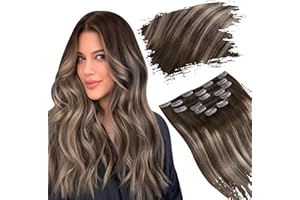 Ugeat Clip in Hair Extensions Real Human Hair Balayage Dark Brown Ombre Ash Brown Human Hair Clip in Extensions Remy Long Las