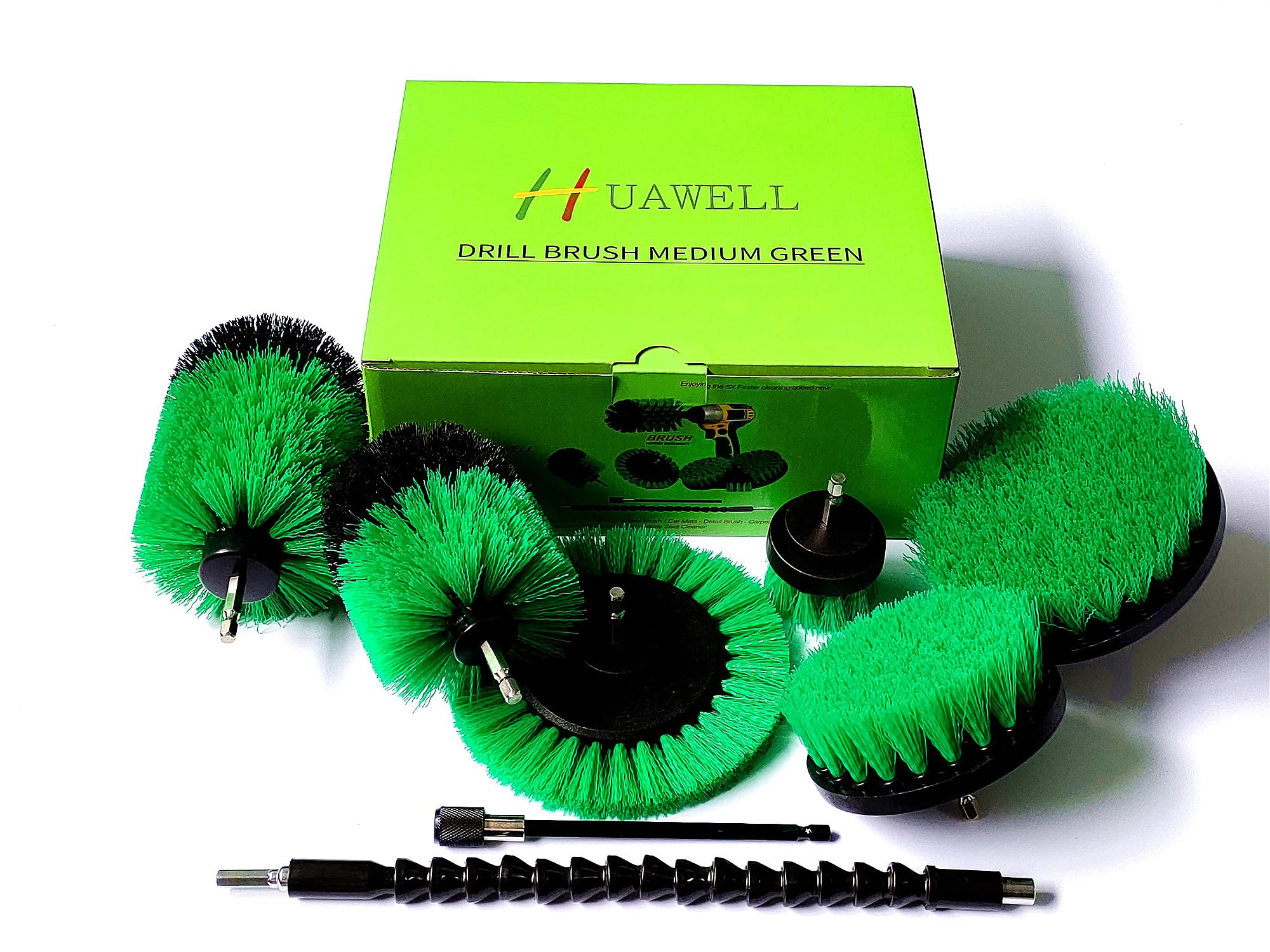 HUAWELL Drill Brush with Long Attachment Set Green Kitchen Cleaning Brushes All Purpose for Bathroom,Kitchen,Grout,Tub,Tile,Corners,Auto- Green