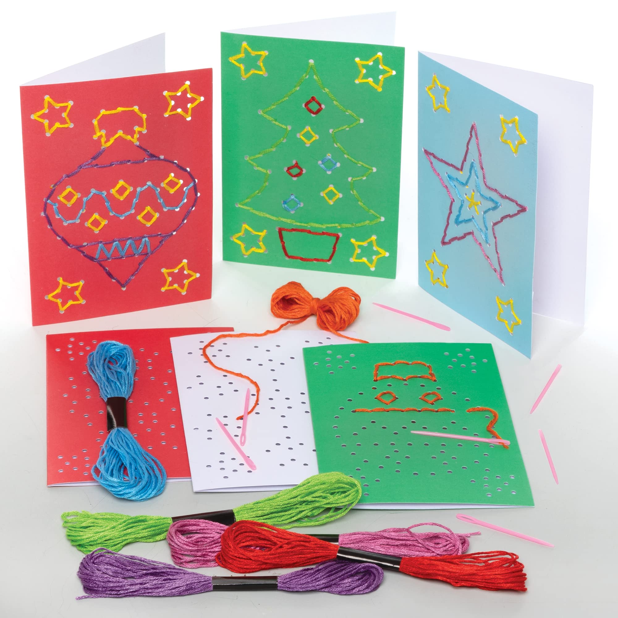 Baker Ross FE942 Christmas Threading Card Kits - Pack of 6, Make Your Own Christmas Cards, Introduction to Threading for Beginners, Educational Crafts for Kids