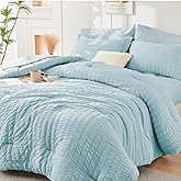 HYMOKEGE Lake Blue Queen Comforter Set Seersucker 7 Pieces, All Season Luxury Bed in a Bag for Bedroom, Bedding Set with Comforters, Sheets, Pillowcases & Shams
