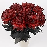 Solivya 10 Pcs Artificial Dahlia Flowers, 16" Silk Fake Dahlia Wine Red Fake Flower with Long Stems for Wedding Party Table Centerpieces Arrangements Bouquets Halloween Home Decor