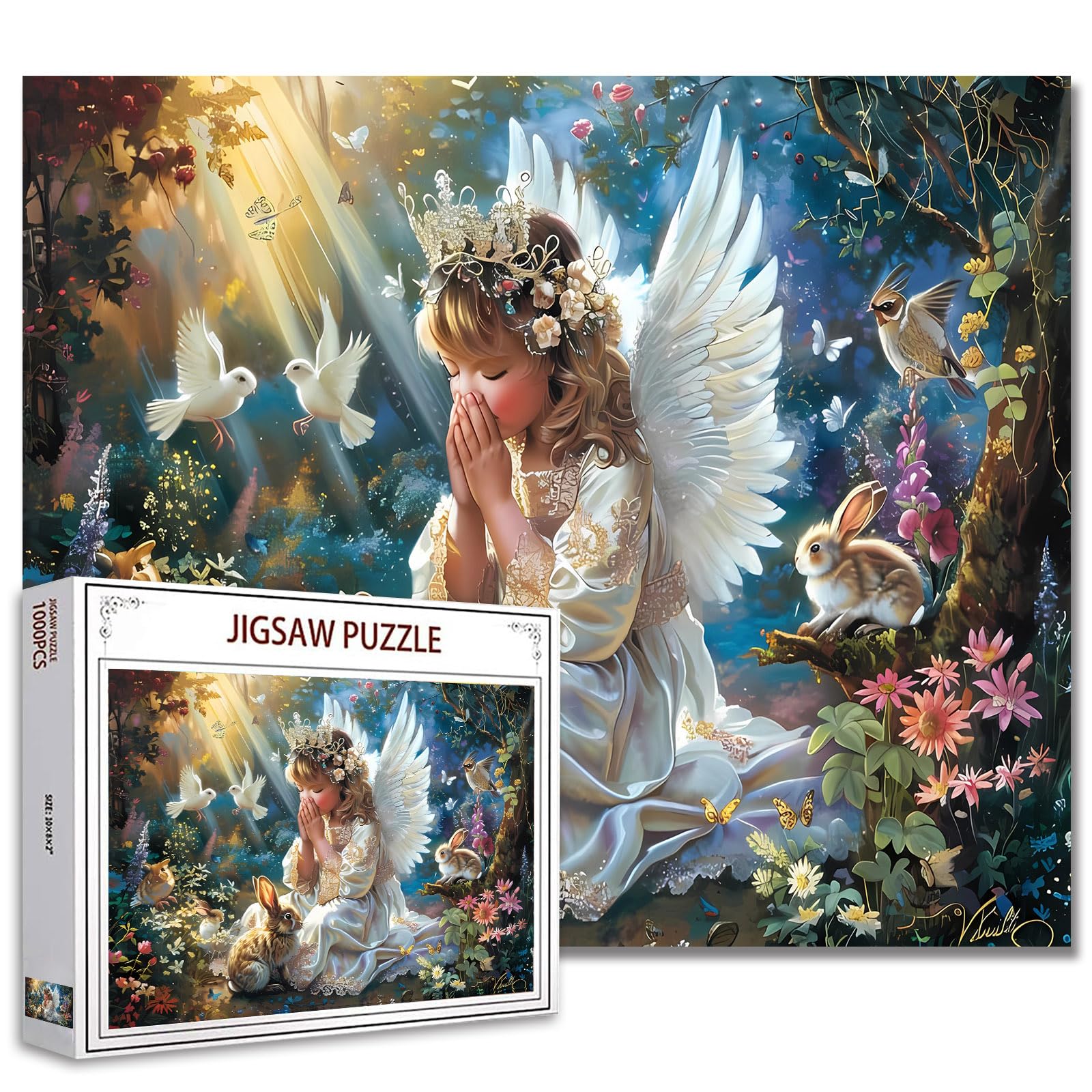 Tucocoo 1000 Piece Puzzles for Adults Baby Angel Girl Painting Jigsaw Puzzle Praying Angel in the Forest 1000 Piece Puzzles for Challenging Family Activity Game Animal Art DIY Puzzle