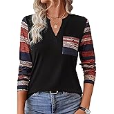 Flamingals Women's Notched Neck V Neck Striped Tops Long Sleeve Casual Work Blouse with Patch Pocket