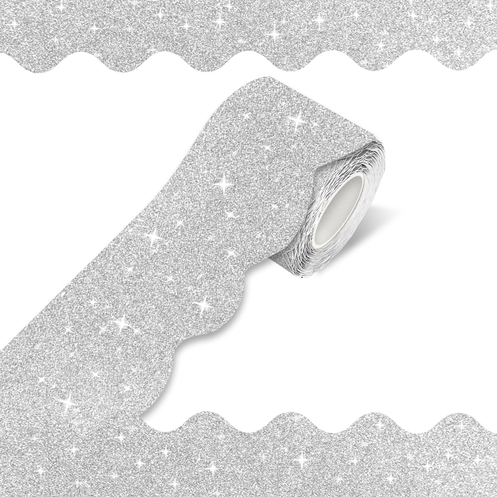 Photo 1 of 70Ft Shine Scalloped Bulletin Board Border- Silver Bulletin Board Border, Shiny Silver Trim Decorative Roll for Classroom, School, Office, Home