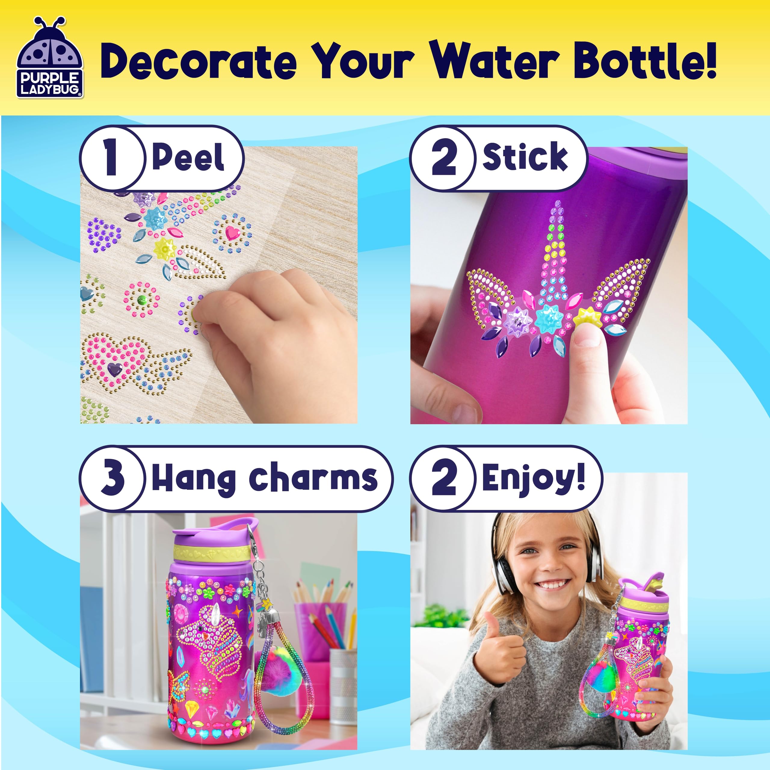 PURPLE LADYBUG Decorate Your Own Water Bottle Kit for Girls - Unicorn Design with Glitter Gem Stickers, Gifts for Girls Ages 5-8-10 Years Old Birthday, Fun Craft for Kids, Water Bottle for School