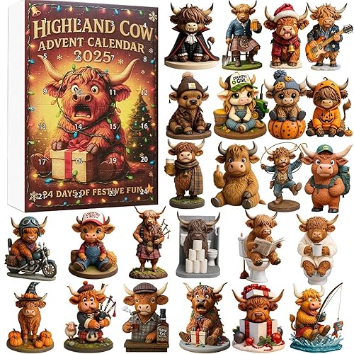 Red Bull Drink Advent Calendar, Highland Cow Advent Calendar 2025, 24-Day Christmas Advents Calendars, Handmade Highland Cow Doll Ornaments, With Cute 2D Highlands Cow Hanging Ornaments