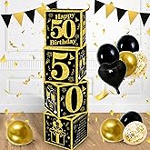 TONIFUL 4 Pcs 50th Birthday Decorations Boxes for Men Women,Fifty Years Old Birthday Cardboard Box Party Supplies,Black and Gold 50th Birthday Party Decorations